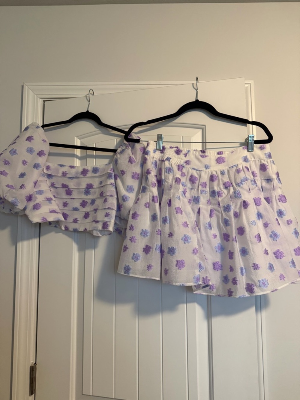 Buddy Love White Mini Skirt & Crop Top with Lavender Floral Print